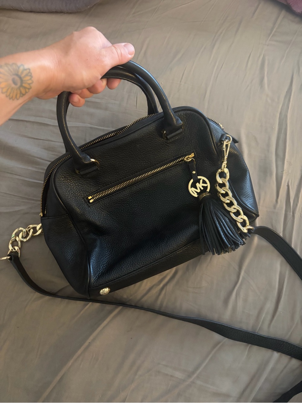 Michael Kors Black Pebbled Leather Satchel with Gold Chain Tassel